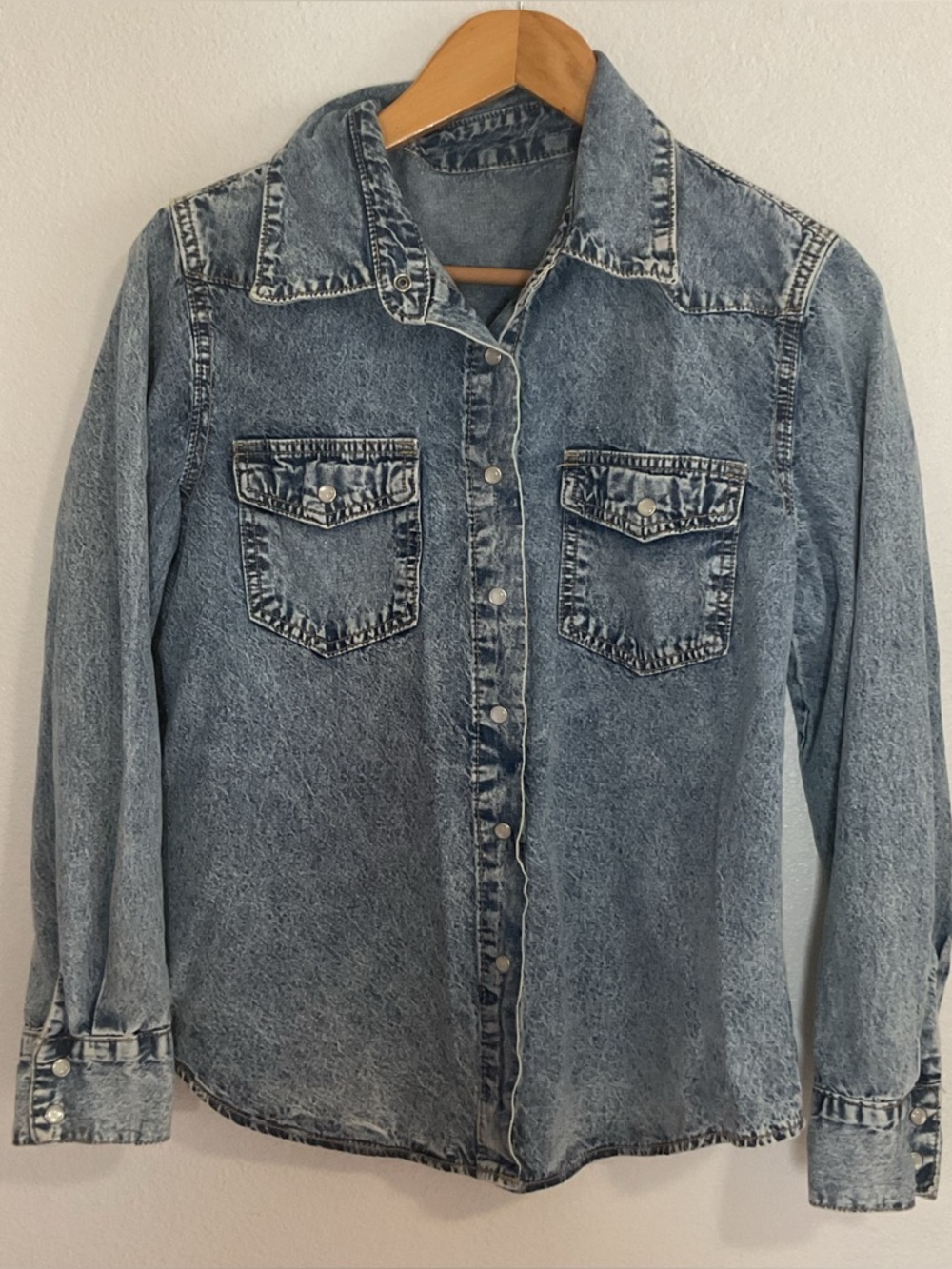 Pearl Snap Acid-Wash Denim Shirt Blue